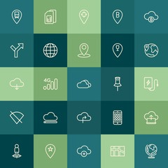 Poster - Modern Simple Set of location, cloud and networking, mobile Vector outline Icons. Contains such Icons as earth, technology,  city, road and more on green background. Fully Editable. Pixel Perfect.