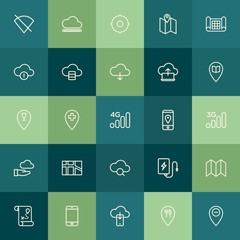 Poster - Modern Simple Set of location, cloud and networking, mobile Vector outline Icons. Contains such Icons as  communication,  error,  upload and more on green background. Fully Editable. Pixel Perfect.