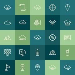 Poster - Modern Simple Set of location, cloud and networking, mobile Vector outline Icons. Contains such Icons as flag,  computer,  abstract, money and more on green background. Fully Editable. Pixel Perfect.