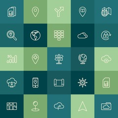Poster - Modern Simple Set of location, cloud and networking, mobile Vector outline Icons. Contains such Icons as  city,  pin,  card, sign,  place and more on green background. Fully Editable. Pixel Perfect.