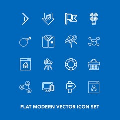 Modern, simple vector icon set on blue background with bbq, water, download, cooking, market, white, estate, summer, flag, beacon, grill, internet, inflatable, pool, real, credit, technology icons