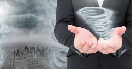 Poster - Tornado twister painted and dark city sky with hands open
