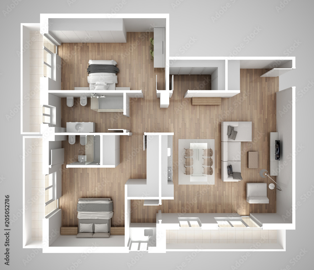 Apartment flat top view, furniture and decors, plan, cross section ...