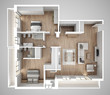 © ArchiVIZ - Apartment flat top view, furniture and decors, plan, cross section interior design, architect designer concept idea, gray background
