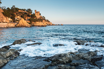 Fototapete - Landscape of Lloret de Mar Castle and its beach in a sunny afternoon, Spain.