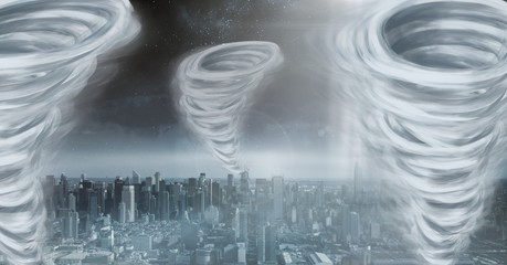 Poster - Tornado twisters painted and dark city sky