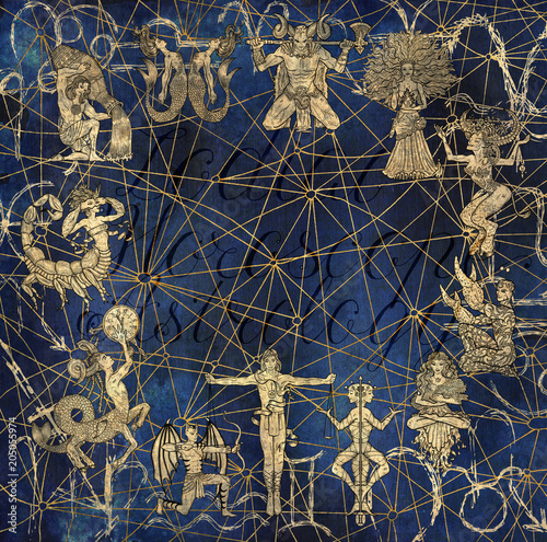 Cuadros en Lienzo Chart with characters of zodiac symbols on blue abstract background