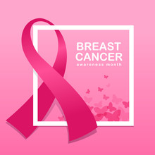 Breast Cancer Awareness Banner With Pink Ribbon Around White Frame And Butterfly On Pink Background Vector Design