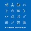 © Amid - Modern, simple vector icon set on blue background with photographer, transportation, estate, tent, bus, speech, flight, architecture, road, musical, building, sound, chat, tag, outdoor, note icons