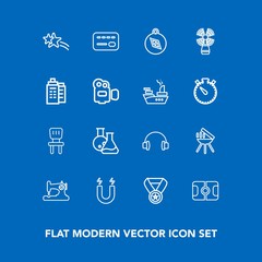 Modern, simple vector icon set on blue background with technology, holiday, sound, craft, win, tool, home, money, field, magnetic, card, grill, room, sport, star, award, laboratory, shiny, pitch icons