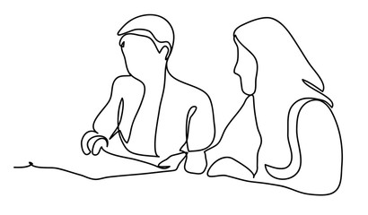 Two business ladies in negotiations. Business concept illustration. Continuous line drawing. Isolated on the white background. Vector illustration monochrome, drawing by lines