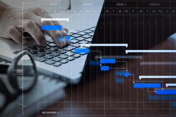 Poster - Close up of business man working on laptop computer on wooden desk as concept