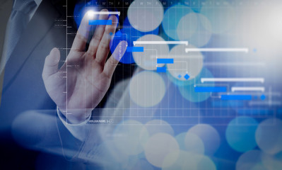 Poster - double exposure of businessman working with digital cloud network concept