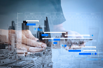Poster - Double exposure of success businessman using digital tablet with london building and social media diagram