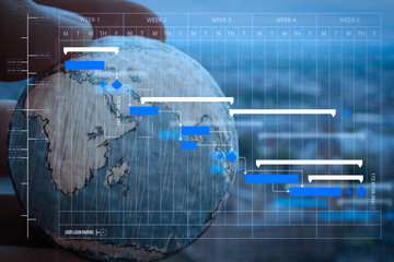 Poster - close up of businessman hand showing texture the world with digital social media network diagram concept