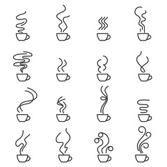 Wall Mural - Set of 16 icons with different types of steam from a mug with a hot drink. Isolated on white background. Vector linear illustration. Editable stroke