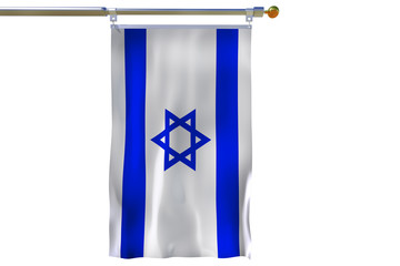 Israel flag  Isolated  Silk waving flag with emblem David's star of State of Israel with a flagpole on a white background 3D illustration.