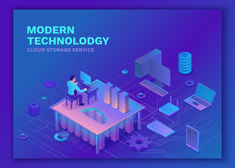 Cloud data storage 3d isometric infographic illustration, landing page layout, vector web template, smart modern technolodgy concept, ultra violet colors