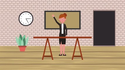 Poster - teacher in classroom board table and clock cartoon animation hd