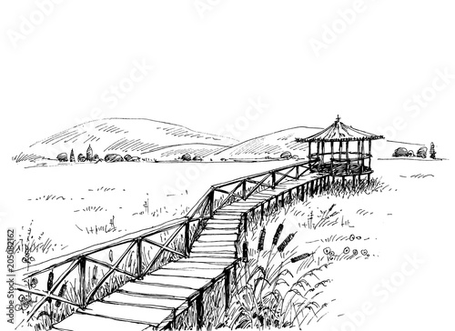photo Black And White Watchtower Wallpaper https stock adobe com images bridge over meadow to the watchtower sketch artistic black and white wallpaper 205082162 start checkout 1 content id 205082162