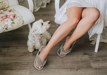 sexy girl morning short robe white dog looks