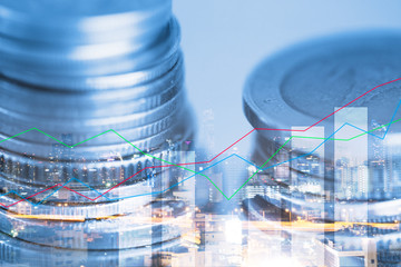 Wall Mural - Finance and business concept, double exposure of coin and graph of financial for investment strategy.