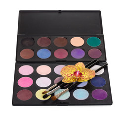 Case with universal combination palette for makeup and brushes isolated on white