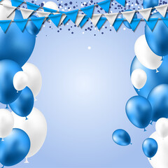 Blue White Balloons header background. Party card with blue white balloons. Balloon background.