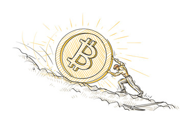 Miner pushing big bitcoin coin trying to hold it from falling down conceptual sketch. Vector. 