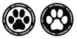 Pets allowed sign. Black and white paw symbol in circle with pet friendly text written on it.