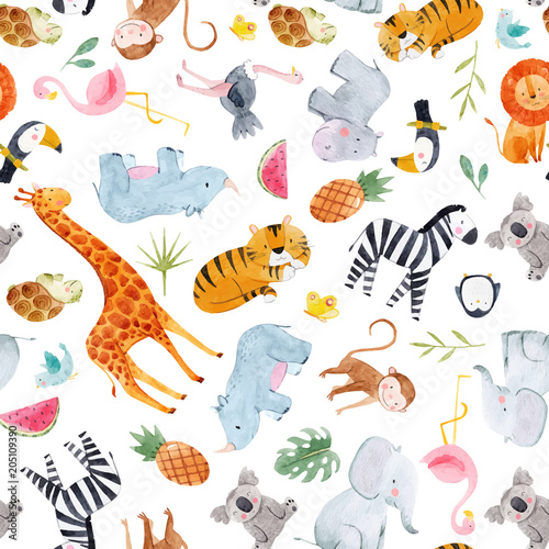 Naklejka - mata magnetyczna na lodówkę Safari animals watercolor vector pattern