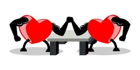 Battle between two opponent hearts, fighting by using arm wrestling match, vector illustration, EPS10, isolated on white (transparent) background. Concepts of strong heart, fighting for love, etc.