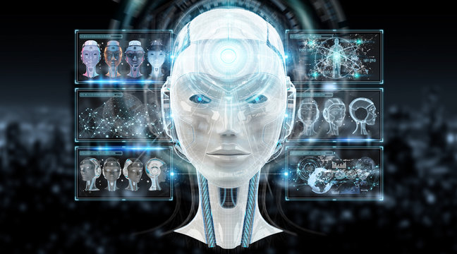 Digital artificial intelligence cyborg interface 3D rendering