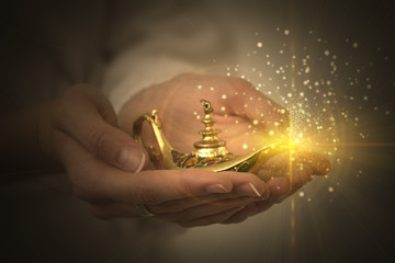 Wall Mural - lamp of aladin, a magic lamp of fulfillment of desires, magic particles