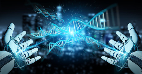 Aufkleber - White cyborg hand scanning human DNA 3D rendering