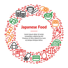 Wall Mural - Japanese Foods Thin Line Banner Card Circle. Vector