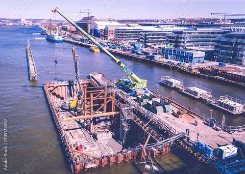 Gothenburg Sweden May 02 2018 Construction Site On Gota River Building The New Bridge Hisingsbron In Gothenburg City Vintage Look Stock Photo Adobe Stock