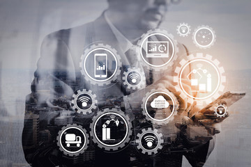 Aufkleber - Double exposure of success businessman using smart phone with London building,city,front view,filter effect