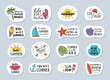 Funny summer calligraphy with funny icons. Collection of badges.  Vector.