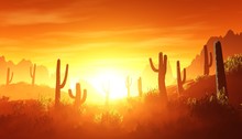 Desert At Sunset, Rocky Desert Arizona With Cacti Under The Setting Sun,
3D Rendering
