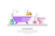 Bathroom and sanitary engineering cleaning. Vector isolated illustration of bath tub, toilet, cleaning tools, detergents