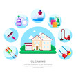 House cleaning service and housework concept. Cottage, household tools and supplies, vector illustration