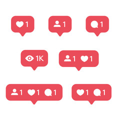 red heart like, new message bubble, friend request quantity number notifications icons templates. so