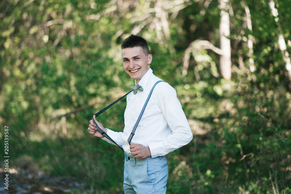 blue dress shirt with white suspenders Tan Leather Suspenders & Baby Blue Bow Tie - Baby to Adult Sizes Adult (5'7"