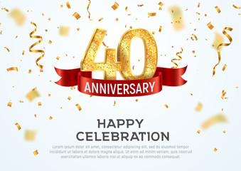 Wall Mural - 40 years anniversary vector banner template. Fortieth year jubilee with red ribbon and confetti on white background