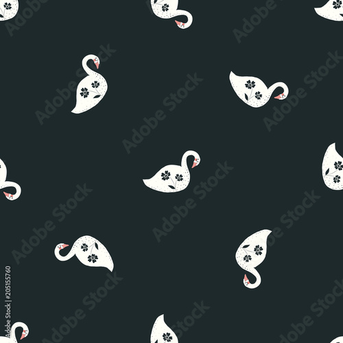 Cotton fabric little swan toss black and white vector seamless repeat background