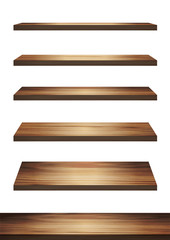 Wall Mural - Collection of wood shelf table isolated on white background, Vector illustration display product design