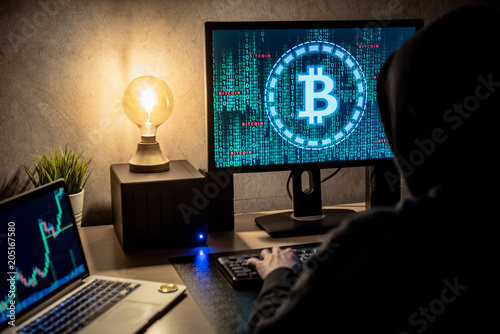 Hacker Man Using Laptop And Computer With Bitcoin Green Binary - 
