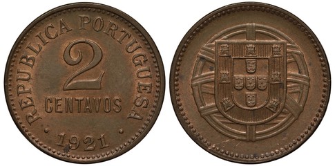 Portugal Portuguese coin two centavo 1921, denomination in center, date below, arms, stylizes globe. shields, 