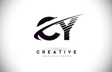 CY C Y Letter Logo Design with Swoosh and Black Lines.